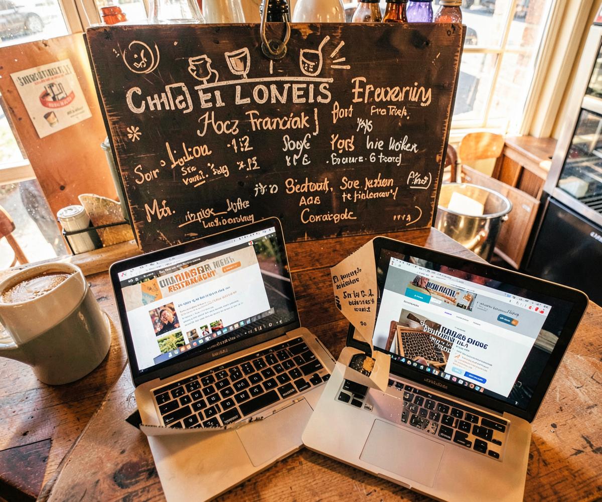 A local café counter with laptops showing a freshly built restaurant website